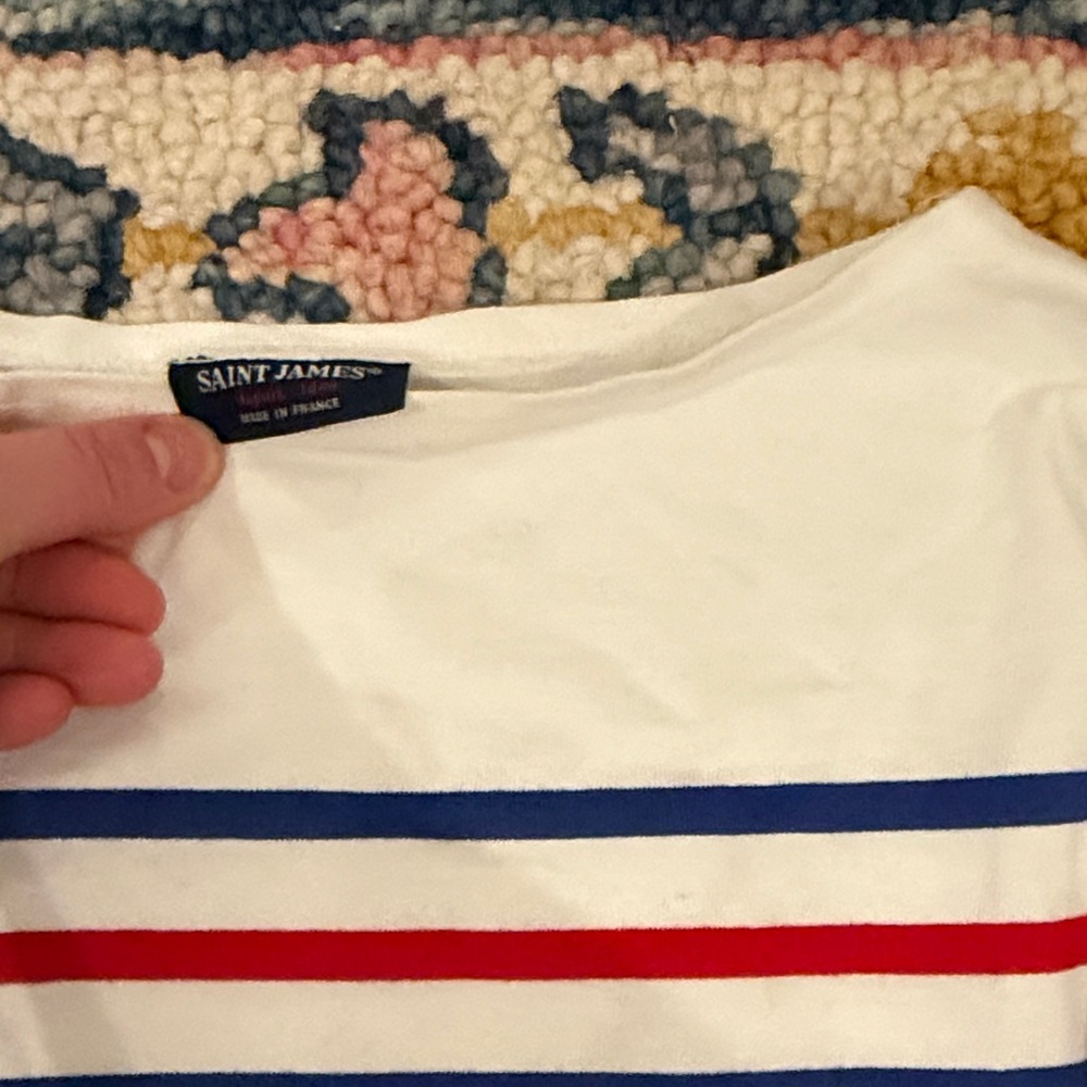 Saint James White Top with Navy Stripes and Red Accent - Picture 4 of 6